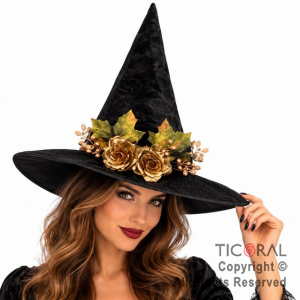 SOMBRERO BRUJA NEGRO CON FLORES ORO